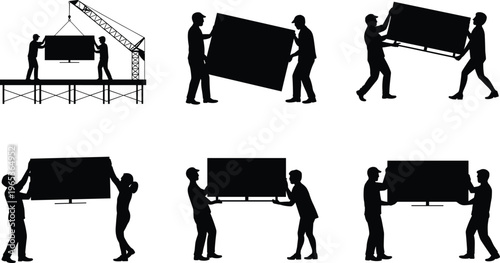 Black Silhouette Vector Set of Construction Workers Carrying Large Panels and Using Crane on Scaffolding for Industrial Building and Logistics