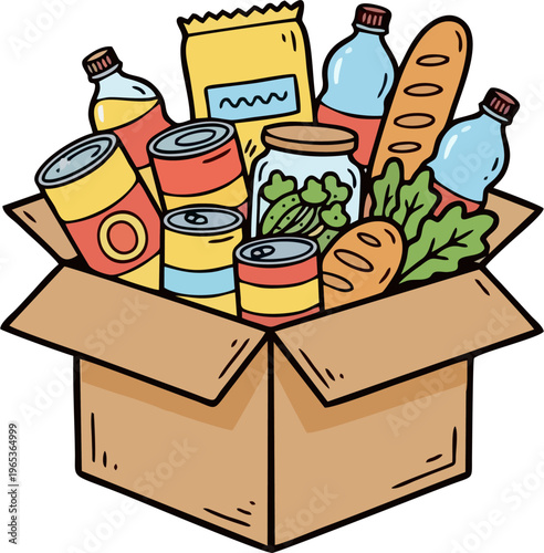Cartoon Cardboard Box Full of Groceries — Colorful Doodle Illustration of Food Donation Hamper with Canned Goods, Bread, Vegetables, and Bottles