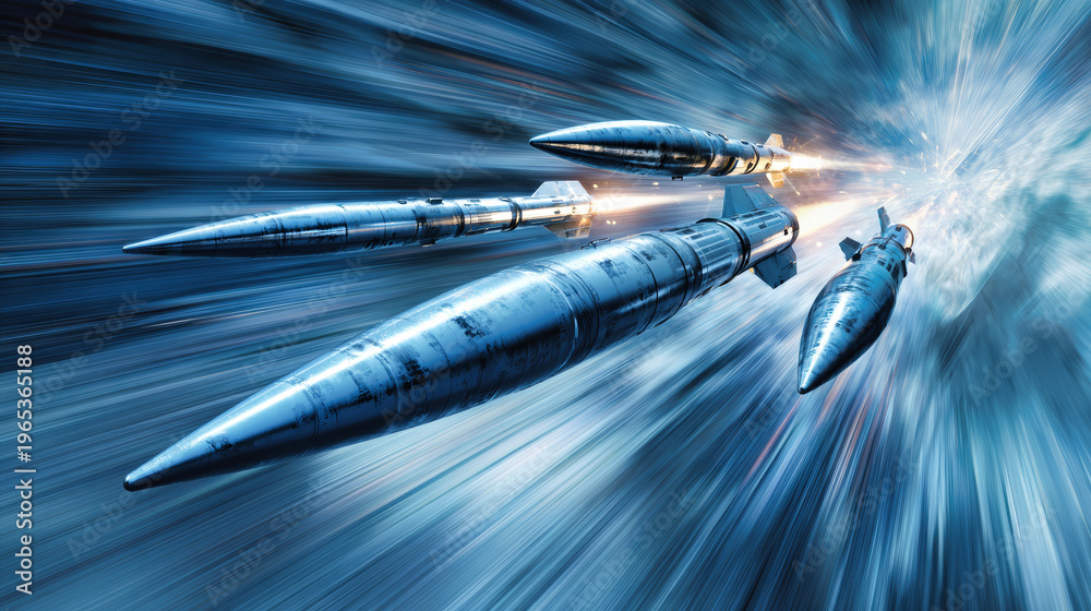Naklejka premium Nuclear missiles travel rapidly around a globe, showing movement in a tense and action-filled military scenario that portrays global conflict