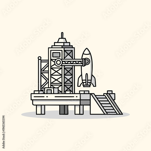A line drawing of a rocket on a launch pad. The rocket is in the center with its launch platform in a rectangular shape