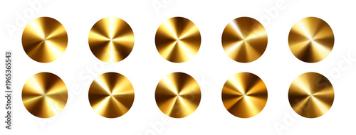 Set of 10 golden metallic mesh gradients. Premium vector gold conical circles for luxury branding, jewelry design, rewards and elegant interface elements.