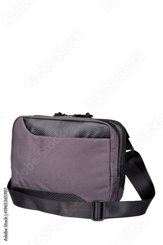 A small grey bag with a long adjustable handle.