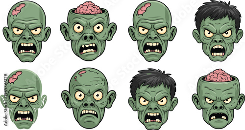 Collection of Scary Zombie Head Avatars with Green Skin and Exposed Brains Cartoon Vector Illustration Set for Halloween Horror Design