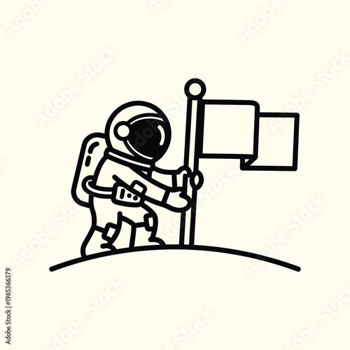 A minimalist illustration of an astronaut planting a flag on a planet's surface. Black lines on a light background