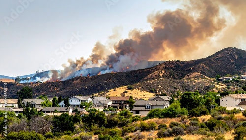 A distant wildfire engulfs a hillside, smoke billowing into the sky. Homes are visible in the foreground