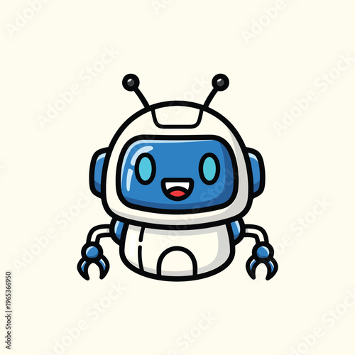 A friendly cartoon robot, with blue eyes and a smiling mouth. It has small arms with claws and two antennae