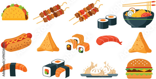 Food and Snacks Icons Featuring Tacos, Sushi, Noodles, and More