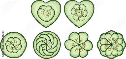 Cucumber slices collection in various shapes including heart flower and round fresh vegetable healthy food vector illustration set