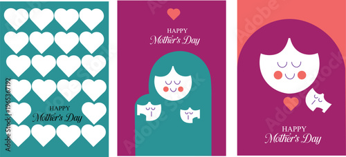 Mother day greeting card design with hearts and mother and child illustrations  mothers day cards  happy mother day