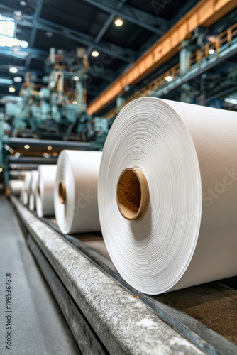 Large rolls of white paper are seen in a paper mill during the printing process. The setting highlights the equipment and energy that produces these rolls