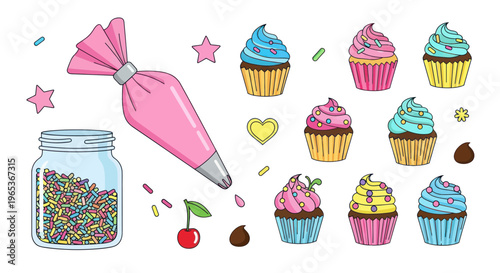 Baking Sweet Cupcakes with Frosting Bag and Sprinkles - Vector Illustration