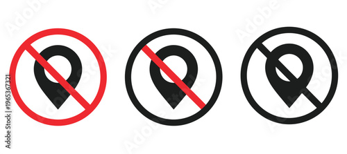 No, GPS signal icon set featuring location denied and navigation error symbols, satellite signal restriction concept, modern flat vector illustration for apps, websites, maps, and digital interface 