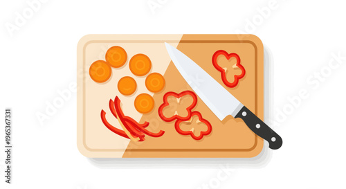 Chopping board with sliced carrots, chili peppers, and bell peppers, knife preparing ingredients