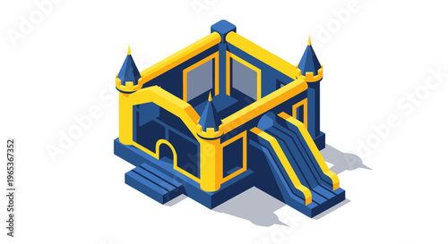 Isometric inflatable bounce house with slide, fun outdoor activity for kids