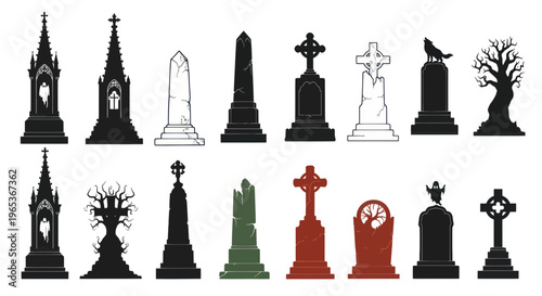 Gothic Cemetery Gravestones Collection, Spooky Halloween Tombstones, Dark Monument Icons