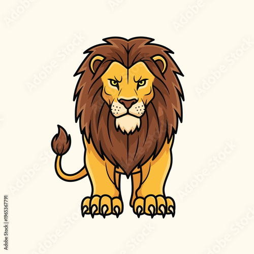 A regal lion is illustrated in a cartoon style, featuring a majestic mane, stern expression, and powerful stance