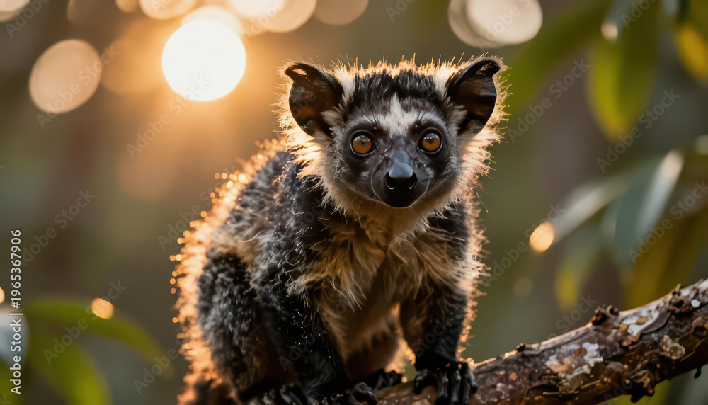 Naklejka premium a small, furry animal with large eyes sitting on a branch. The animal's dark fur contrasts with the warm sunlight in the background.