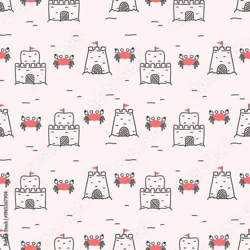 cute hand drawn summertime seamless vector pattern background illustration with stylized red crabs and sand castle