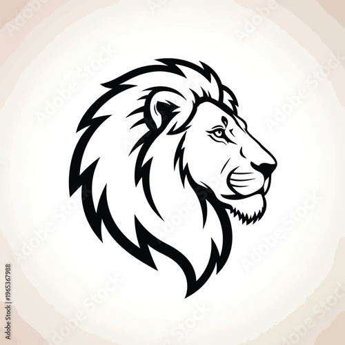 A regal lion head profile rendered in bold black against a subtly textured, beige-toned background, symbolizing strength