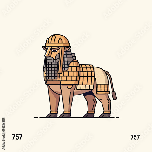 A regal lion is presented in a flat, illustrative style, featuring detailed armor. The illustration is set against a simple, pale backdrop