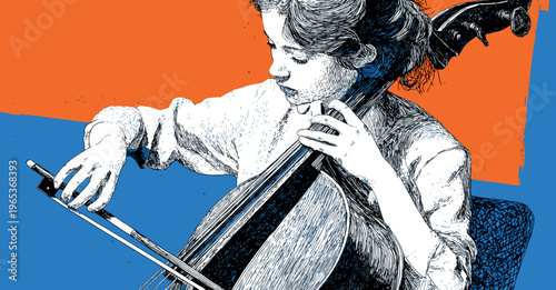 Cellist Playing Cello With Bow Vintage Engraving Style Vector Illustration on Color Background