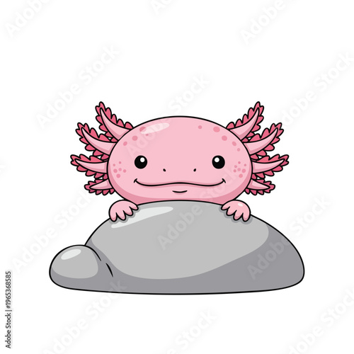 Cute cartoon axolotl vector character with pink body and smiling face, sitting on a gray rock with a simple white background, adorable aquatic