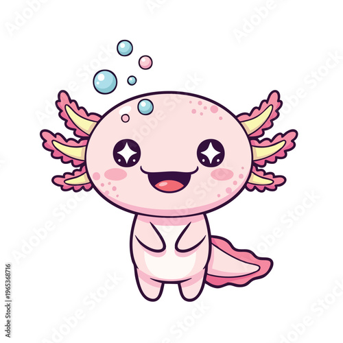 Cute cartoon axolotl vector character with big eyes smiling and surrounded by bubbles, showcasing a playful and adorable aquatic creature