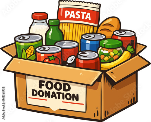 Food Donation Box Cartoon Vector — Cardboard Box Full of Canned Food, Pasta, Bread and Groceries Charity Illustration