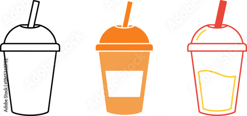 Flat design vector illustration of three takeaway coffee cups with lids and straws, ideal for cafes, beverage branding, and food service marketing.