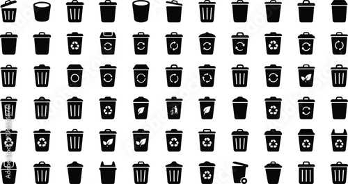 Black trash cans and recycling bins icons in various styles and designs on white background for waste management and conservation concepts  eco friendly waste disposal