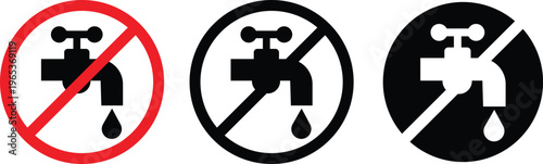 No drinkable water tap icons set in flat styles. Do not use water signs, do not drink water signs, prohibition symbols, dirty tap water warning vectors illustration isolated on transparent background.