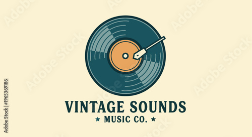 Minimalist retro illustration of a vinyl record with turntable arm and vintage branding, perfect for music-related business logos and designs.