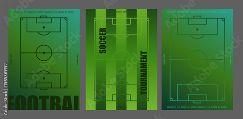 Soccer Football Tournament Poster Set Vector with Pitch Diagram Top View and Bold Typography on Green Gradient Background for Sport Event Championship Design