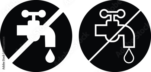 No drinkable water tap flat and line icons set. Do not use water signs, do not drink water signs, prohibition symbols, dirty tap water warning vectors illustration isolated on transparent background.