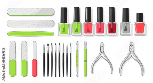 Nail Care Tools and Polish Collection: Manicure Set, Files, Brushes, Clippers, Lacquer