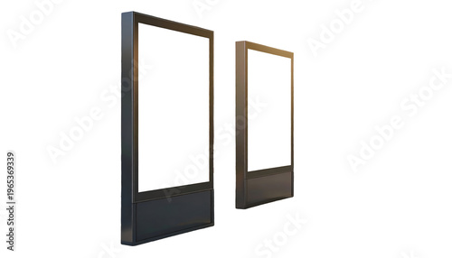 Two sleek, dark rectangular display screens, one taller than the other, stand on black backdrop