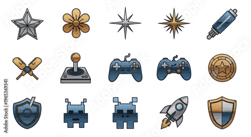 Retro Gaming Icons: Joysticks, Controllers, Spaceships, Aliens, Shields, Stars