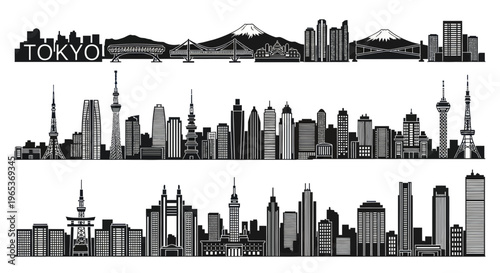 Tokyo Skyline Silhouette, Landmark Buildings, Mt Fuji, Japan Cityscape