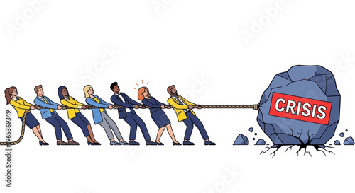 Team Pulling Rope Against Giant Rock Labeled Crisis