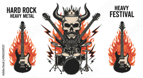 Aggressive graphic set featuring a bearded horned skull king, drum kit, and flaming electric guitars for hard rock festival and band merchandise designs.