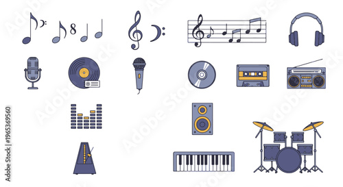 Professional flat line icon set featuring musical instruments, recording gear, and retro audio equipment for design projects.