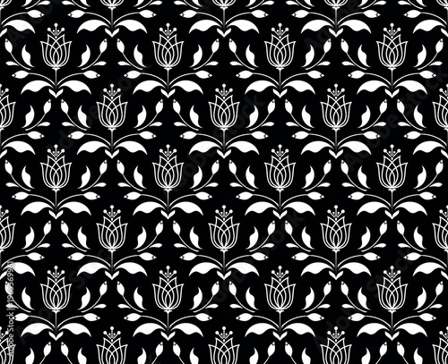 Floral pattern. Seamless vector background. Vintage wallpaper in the Baroque style. White and black ornament for fabric, wallpaper, packaging. Ornate Damask flower illustration.