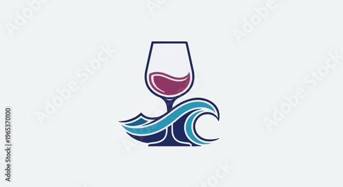 Wine glass with purple liquid sits atop stylized ocean waves