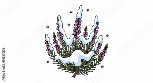 Winter heather with snow-covered branches and falling snowflakes