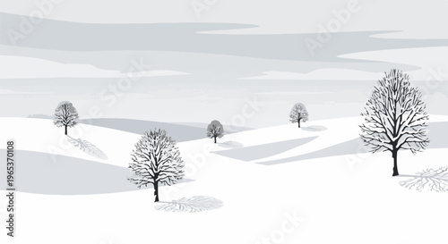 Winter landscape with bare trees on snowy hills under a cloudy sky
