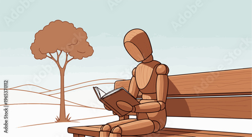 Wooden mannequin reads book on park bench under tree and sky