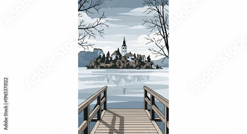 Wooden pier leads to an island with a church reflected in the still water