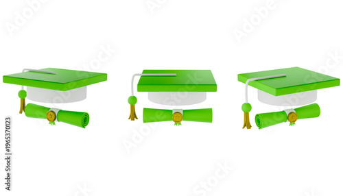 Fotografija Education Progression: A series of vibrant green graduation caps and diplomas represent academic achievement and the culmination of education