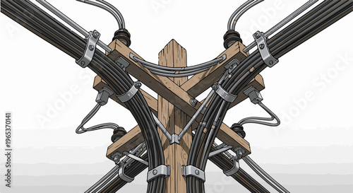 Wooden pole with thick cables and metal clamps against white background