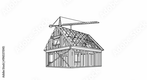 Wireframe sketch of a house under construction with a crane overhead